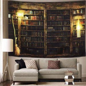 Vintage Library Bookshelf Tapestry Wall Hanging 70.8"x 92.5" Study Room Picture